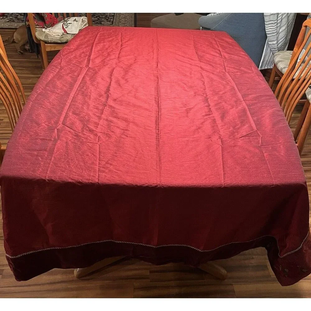 Red Velvet Christmas‎ Tablecloth w/Gold Accents and Floral Embroidery 60